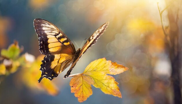 Autumn Ballet: Macro View of a Butterfly Amidst Fall's Golden Sunrise"