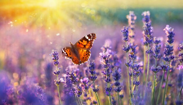 Summer Sunset Symphony: Lavender Fields and Butterflies in Panorama Blur"