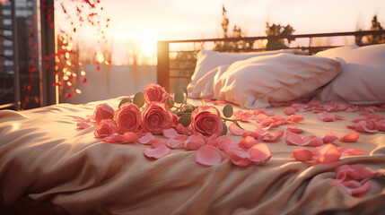bed filled with rose pallets for valentine - obrazy, fototapety, plakaty