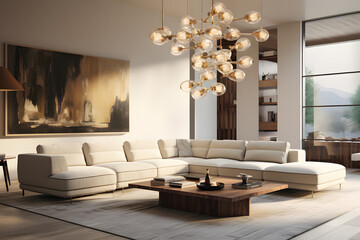A contemporary living room with a statement lighting lamp