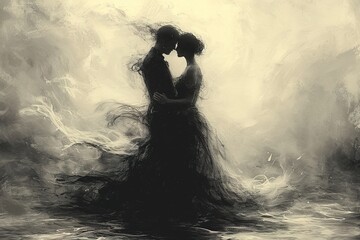 Hand-drawn image of a romantic first dance with elegant swirls around the couple