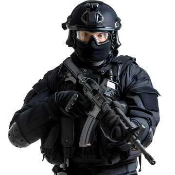 Police officer in a swat team isolated on white background, cinematic, png
