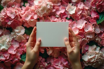 Hands holding a blank card, slowly placing it on a bed of pink and white flower petals