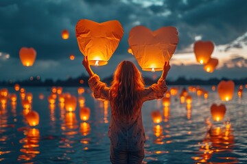 Hands releasing heart-shaped paper lanterns into the night sky - obrazy, fototapety, plakaty