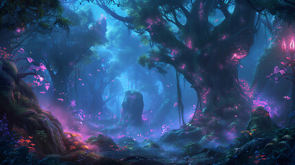 A magical forest brimming with towering, age-old trees, dazzling bioluminescent flora, and whimsical hidden fairies.