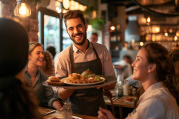 Happy waiter serving food to group of friends in a pub