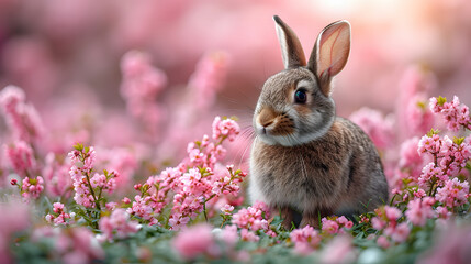 Cute little rabbit in blooming garden. Spring nature background.