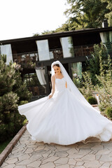 Fototapeta premium Beautiful bride with a long train. The bride in a white dress with a long train in nature on a summer day. Summer wedding.