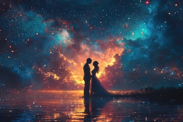 Illustration of a bride and groom dancing under a starry sky - obrazy, fototapety, plakaty