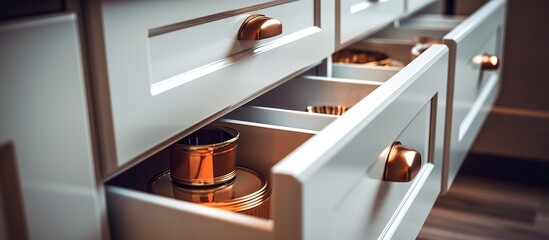 White drawer cabinet wit copper handel close up