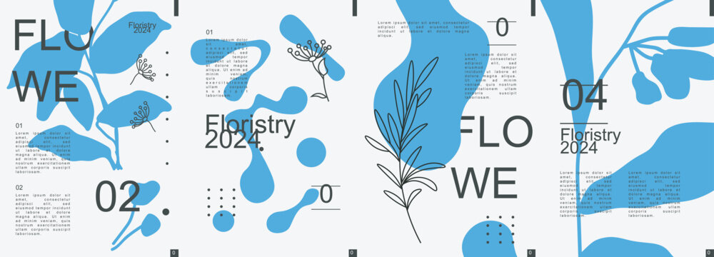 Floral modern banner with trendy minimalistic typography design. Poster templates with leaves and twigs silhouettes, abstract geometric shapes and liquid forms, text elements. Vector illustration.