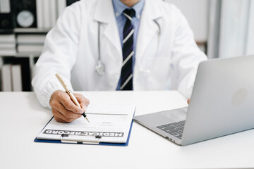 Medicine doctor hand working with modern digital tablet computer interface as medical network...