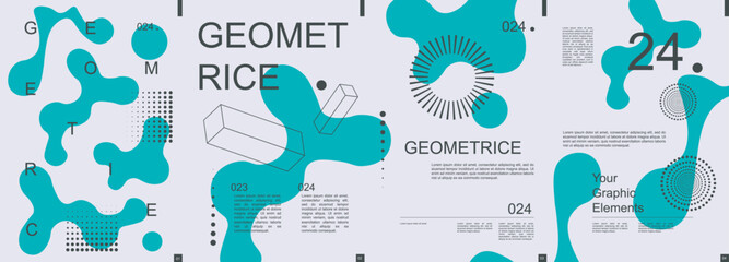 Geometric modern banner with trendy minimalist typography design. Poster templates with abstract dynamic liquid shapes, graphic line cubes, circle dots grids and text elements. Vector illustration.