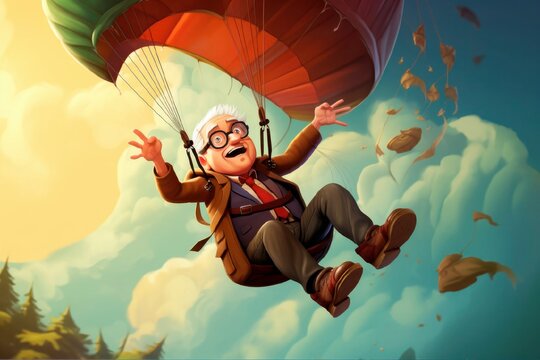 Senior man flying down during skydiving jump aged skydiver floating in air with parachute freefall active old age