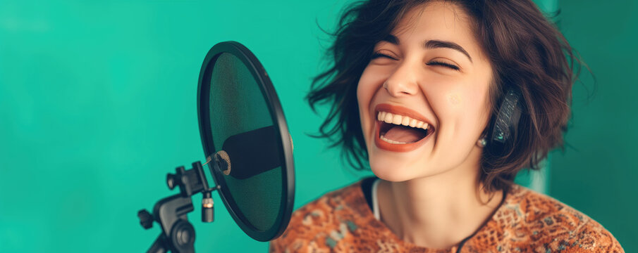 Happy young woman laughing while recording a live radio show in a studio on color background
