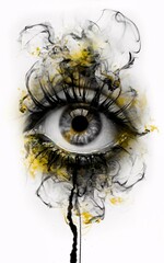 Volume-shaded silhouette of a eye in a punk style with smoke and ink. Ink splash and wash painting on white paper.
