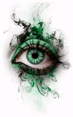 Volume-shaded silhouette of a eye in a punk style with smoke and ink. Ink splash and wash painting on white paper.