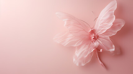 A dainty fairy with ethereal wings gracefully displayed on a soft pastel pink background.