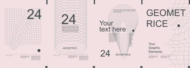 Geometric modern banner with trendy minimalist typography design. Poster templates with dynamic mesh shapes, fractal lines in cylindrical and abstract forms and text elements. Vector illustration. © alexdndz