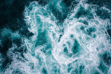 Aerial view of sea waves and foam. The texture of blue ocean. - 721983909