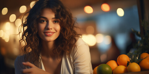 Fototapeta premium Curly-Haired Woman Smiling Among Fresh Citrus Fruits