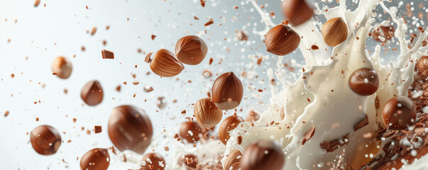 Hazelnuts, milk and chocolate flying on white background
