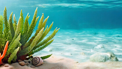 Tropical underwater seaweeds flora, undersea exotic plant, summer nature, copy space - obrazy, fototapety, plakaty