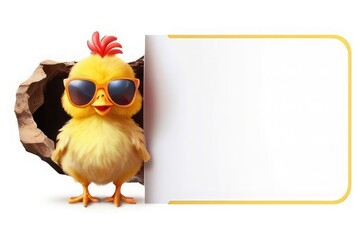 Funny cute baby chick with sunglasses egg with blank paper. chicken and blank white banner with yellow funny chicken 
 - obrazy, fototapety, plakaty