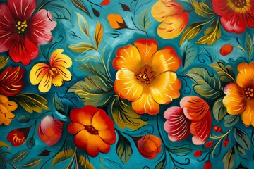 Fototapeta na wymiar Colorful Floral Painting on a Teal Background - Folklore Motifs in Canvas Shaped Light Fabrics Art Wallpaper created with Generative AI Technology