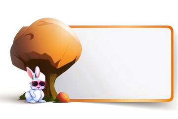 funny cute little easter bunny, Cartoon with a easter eggs and blank sign in the grass field blank canvas, paper banner background copy space