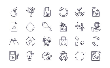 editable outline icons set. thin line icons from ecology collection. linear icons such as bio energy, eco bulb, plant on a hand, bio fuel, save the earth, biofuel