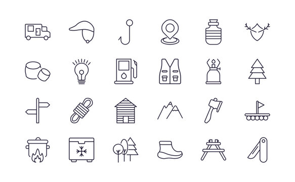 editable outline icons set. thin line icons from camping collection. linear icons such as camper van, hook, flask, pot on fire, boot, pocket knife
