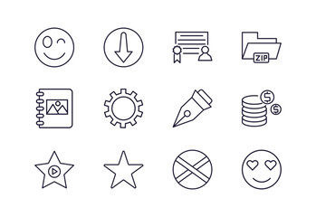 editable outline icons set. thin line icons from user interface collection. linear icons such as winking smile, man certificate, gear option, delete anchor point, gradient, in love smile - obrazy, fototapety, plakaty