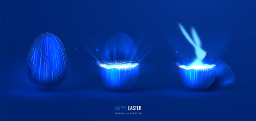 Easter banner with the birth of a bunny with eggs in digital style. Vector illustration of Easter background in technology style - evolution and startup concept
