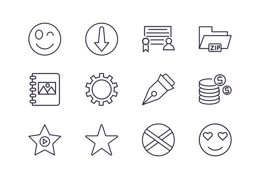 editable outline icons set. thin line icons from user interface collection. linear icons such as winking smile, man certificate, gear option, delete anchor point, gradient, in love smile