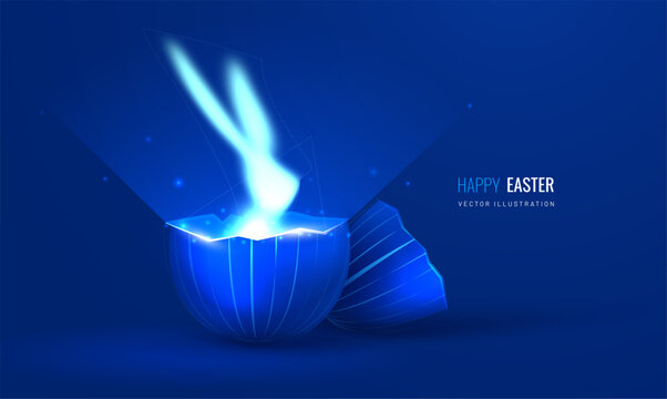 Easter banner with egg and rabbit in digital style. Vector illustration of Easter background in technological style