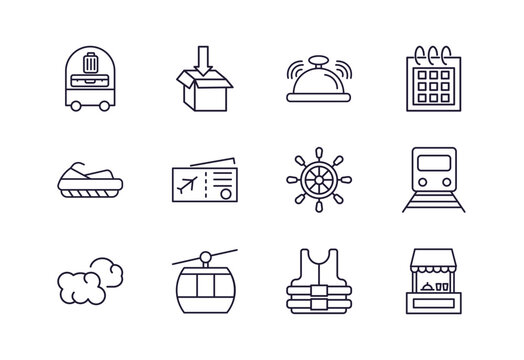 editable outline icons set. thin line icons from travel collection. linear icons such as bellhop, hotel bell, boarding pass, rudder, cable car, food stand