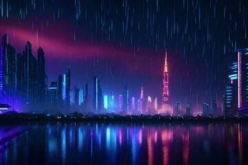 A futuristic city skyline at night, with neon lights casting vibrant reflections on the rain-soaked streets