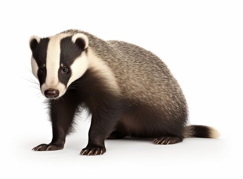 A badger standing on all fours with its head turned to the side against a white background.