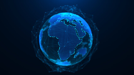 Abstract sci-fi planet Earth with particles and lines. Technology network connection on world. Global digital connections ai. 3D virtual wireframe geometric sphere. 3D rendering.