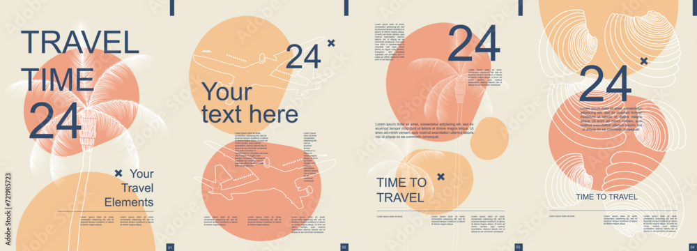 Aufkleber Travel modern banner with trendy minimalist typography design. Poster templates with palm trees and seashell line shapes, flight and text elements for summertime vacation tour. Vector illustration.