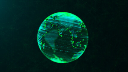 Abstract sci-fi planet Earth with particles and lines. Technology network connection on world. Global digital connections ai. 3D virtual wireframe geometric sphere. 3D rendering.