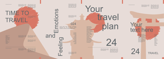 Travel modern banner with trendy minimalist typography design. Poster templates with china architecture and worldwide landmarks and text elements for vacation tour and travelling. Vector illustration.