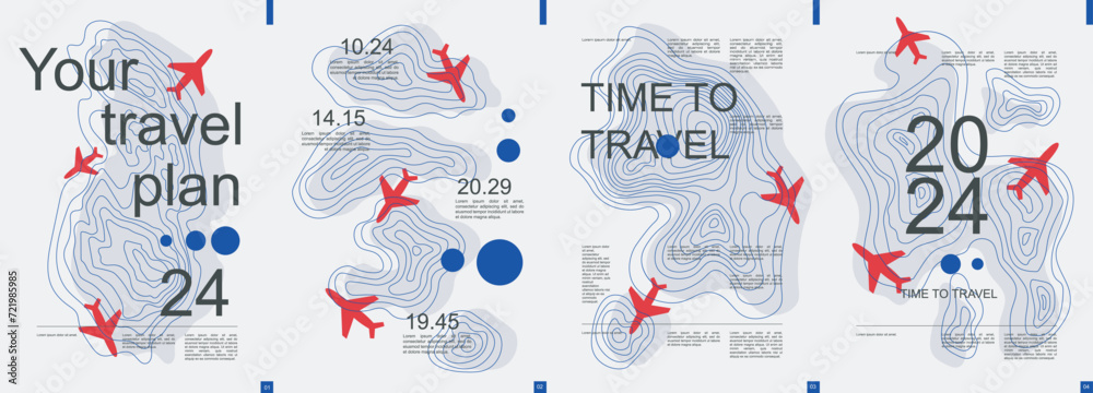 Aufkleber Travel modern banner with trendy minimalist typography design. Poster templates with flying airplanes with abstract graphic shapes and text elements for vacation and travelling. Vector illustration.