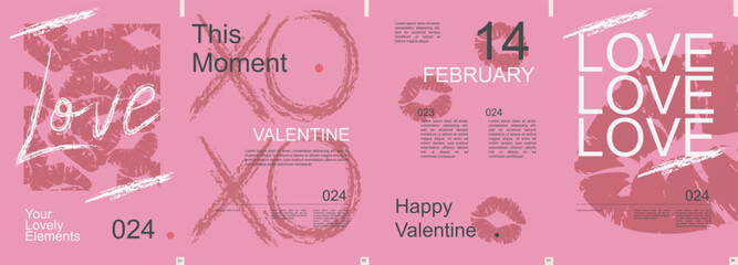 Valentine day modern banner with trendy minimalist typography design. Poster templates with female lips kiss print, love and abstract geometric shapes and text elements on pink. Vector illustration. - obrazy, fototapety, plakaty