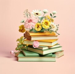 A pile of books with flowers and leaves on a light background. Hand drawn flat stack of books.