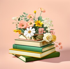 A pile of books with flowers and leaves on a light background. Hand drawn flat stack of books.