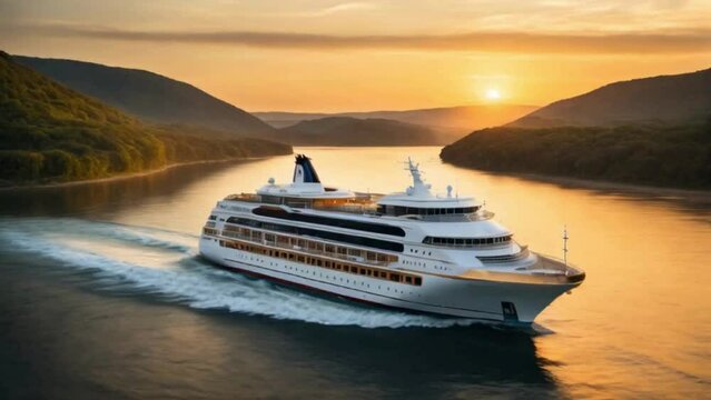 cruise ship navigating smoothly across the ocean with beautiful sunset