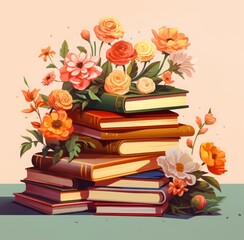 A pile of books with flowers and leaves on a light background. Hand drawn flat stack of books.