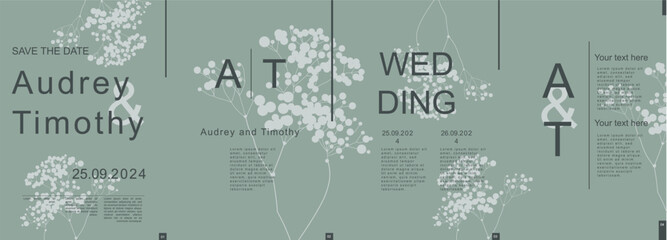Wedding modern banner with trendy minimalist typography design. Poster templates with elegant abstract simple flower twig silhouettes and text elements for ceremony invitation. Vector illustration.
